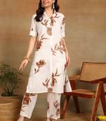 women's printed liva fabric white & brown floral kurta set with pockets
