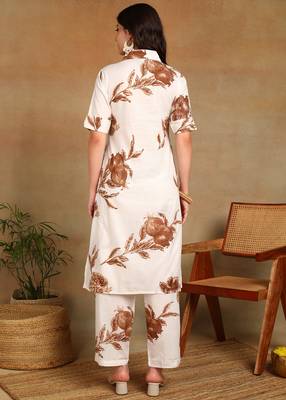 women's printed liva fabric white & brown floral kurta set with pockets 2