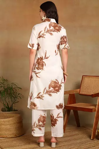 women's printed liva fabric white & brown floral kurta set with pockets