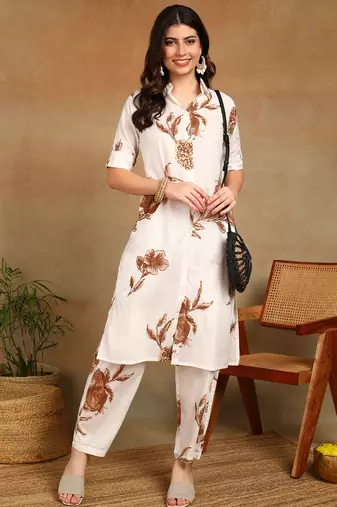 women's printed liva fabric white & brown floral kurta set with pockets
