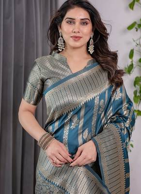 Teal Color Zari Woven Banarasi Art Silk Saree 1
