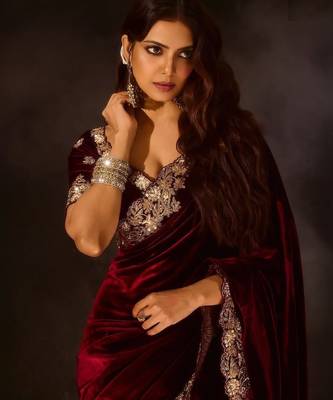 Maroon Color Embroidered Velvet Saree 1