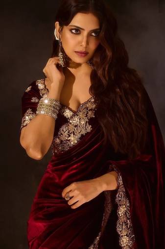 Maroon Color Embroidered Velvet Saree