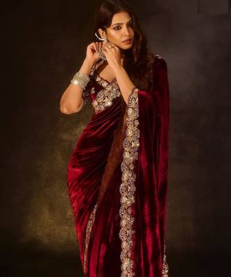 Maroon Color Embroidered Velvet Saree 2