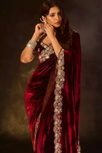 Maroon Color Embroidered Velvet Saree