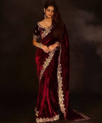 Maroon Color Embroidered Velvet Saree 3