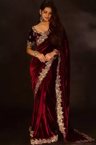 Maroon Color Embroidered Velvet Saree