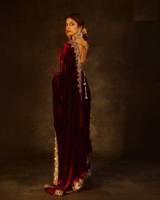 Maroon Color Embroidered Velvet Saree 4