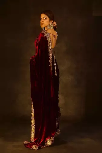 Maroon Color Embroidered Velvet Saree