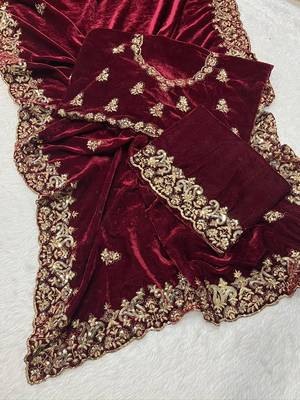 Maroon Color Embroidered Velvet Saree 5