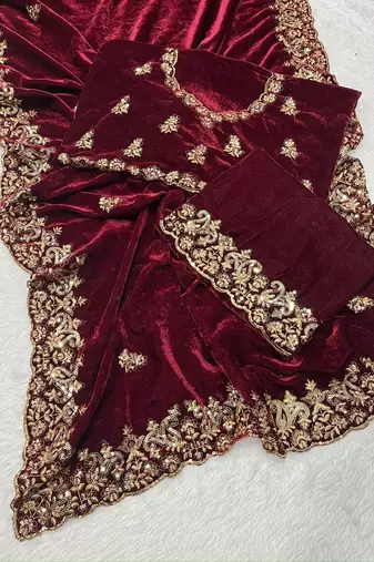 Maroon Color Embroidered Velvet Saree
