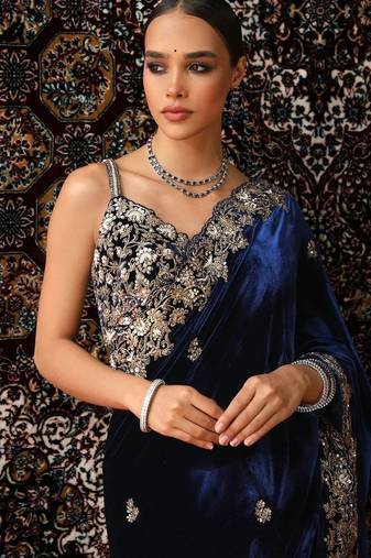 Navy Blue Color Embroidered Velvet Saree