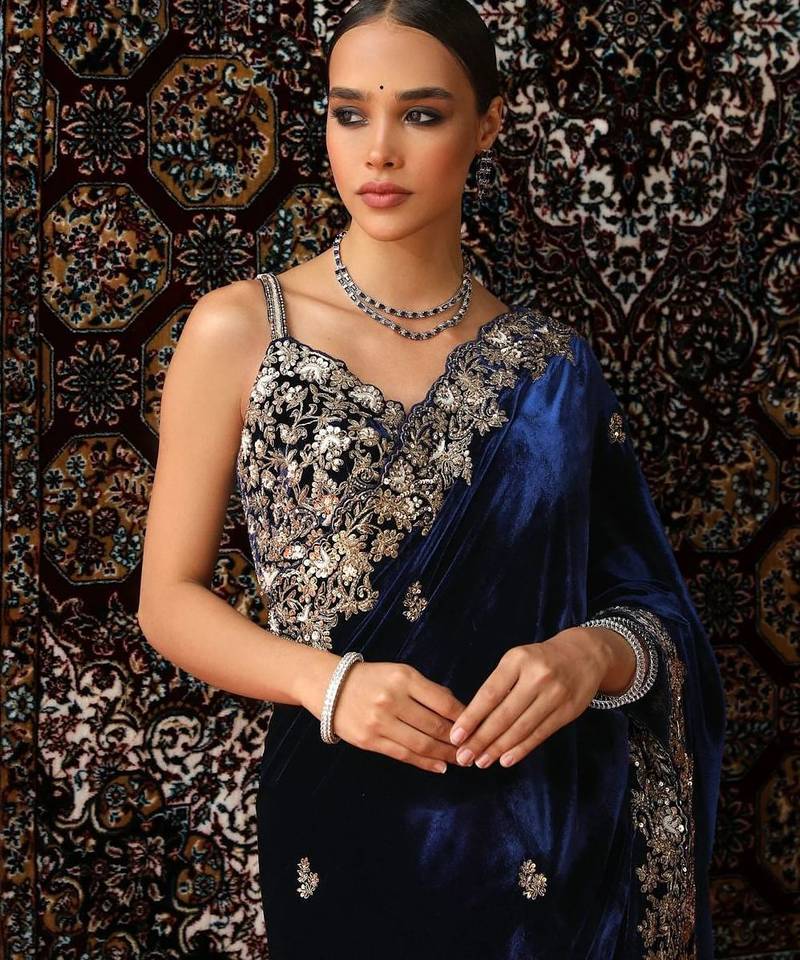 Navy Blue Color Embroidered Velvet Saree