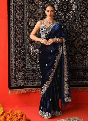 Navy Blue Color Embroidered Velvet Saree 1