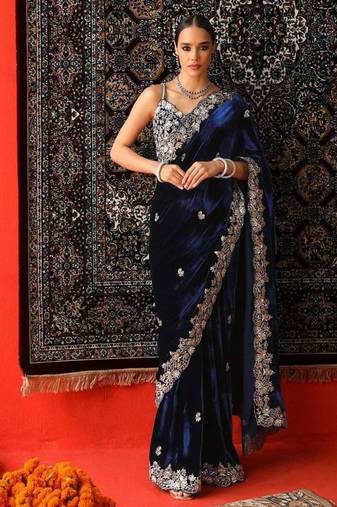 Navy Blue Color Embroidered Velvet Saree