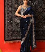 Navy Blue Color Embroidered Velvet Saree
