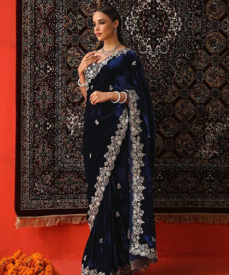 Navy Blue Color Embroidered Velvet Saree