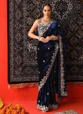 Navy Blue Color Embroidered Velvet Saree 4