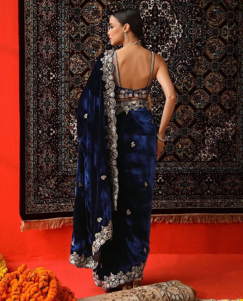 Navy Blue Color Embroidered Velvet Saree