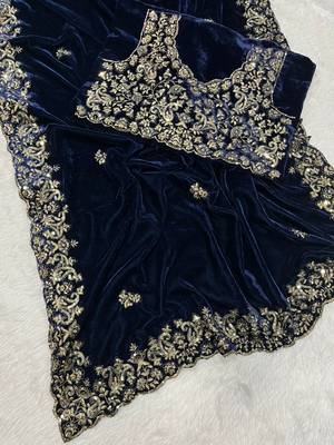 Navy Blue Color Embroidered Velvet Saree 5
