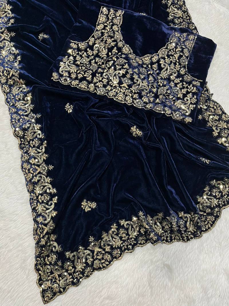 Navy Blue Color Embroidered Velvet Saree