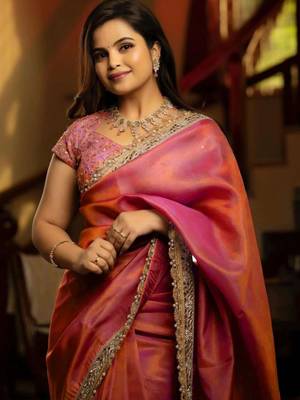 Pink Color Embroidered Tissue Silk blend Saree 1