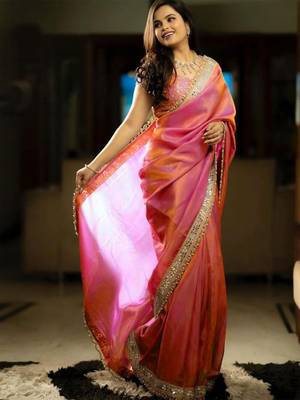 Pink Color Embroidered Tissue Silk blend Saree 4