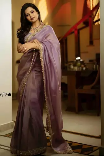 Lavender Color Embroidered Tissue Silk Blend Saree