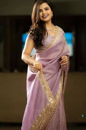 Lavender Color Embroidered Tissue Silk Blend Saree