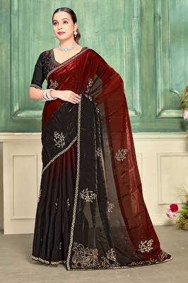 maroon fendi satin silk blend shaded zircon hand work saree 1