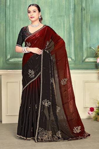 maroon color fendi satin silk blend shaded zircon hand work saree