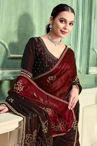 maroon fendi satin silk blend shaded zircon hand work saree