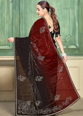 maroon fendi satin silk blend shaded zircon hand work saree 3