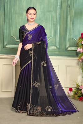 purple color fendi satin silk blend shaded zircon hand work saree 1