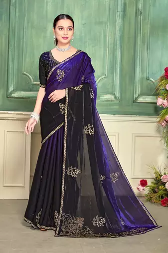 purple color fendi satin silk blend shaded zircon hand work saree