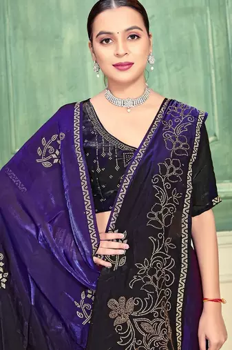 purple color fendi satin silk blend shaded zircon hand work saree