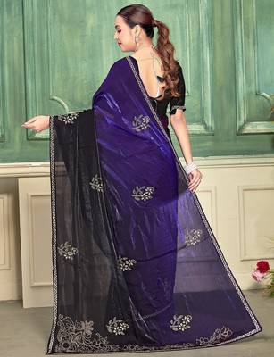 purple color fendi satin silk blend shaded zircon hand work saree 3