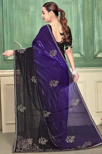 purple color fendi satin silk blend shaded zircon hand work saree