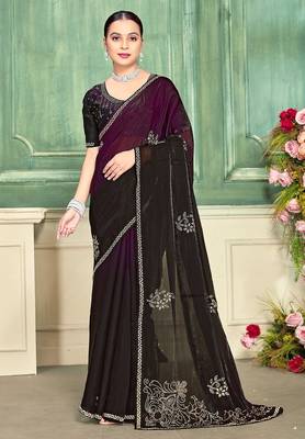 wine color fendi satin silk blend shaded zircon hand work saree 1