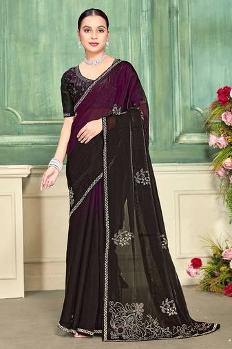 wine color fendi satin silk blend shaded zircon hand work saree