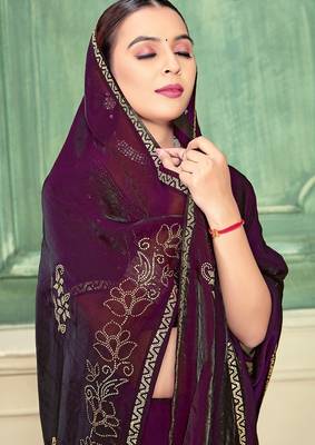 wine color fendi satin silk blend shaded zircon hand work saree 2