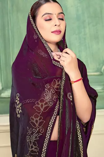 wine color fendi satin silk blend shaded zircon hand work saree