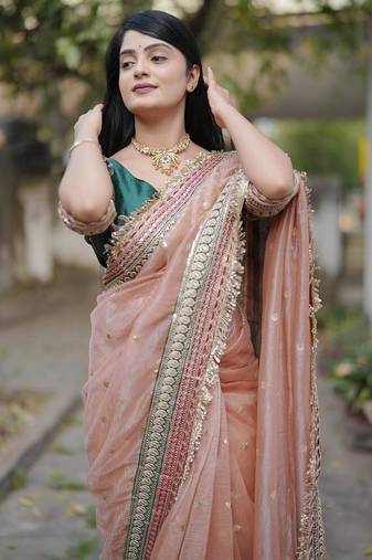 Beige Color Embroidered Banarasi Crush Saree