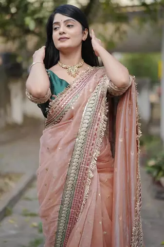 Beige Color Embroidered Banarasi Crush Saree
