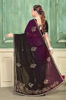 wine color fendi satin silk blend shaded zircon hand work saree 3