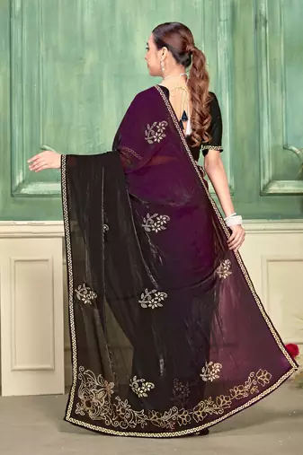 wine color fendi satin silk blend shaded zircon hand work saree