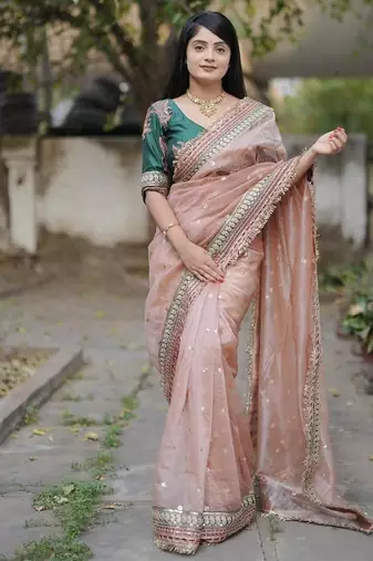 Beige Color Embroidered Banarasi Crush Saree