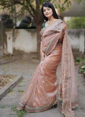 Beige Color Embroidered Banarasi Crush Saree 3