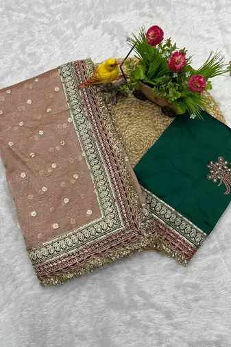 Beige Color Embroidered Banarasi Crush Saree