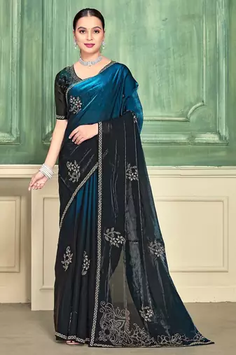 morpeach color fendi satin silk blend shaded zircon hand work saree